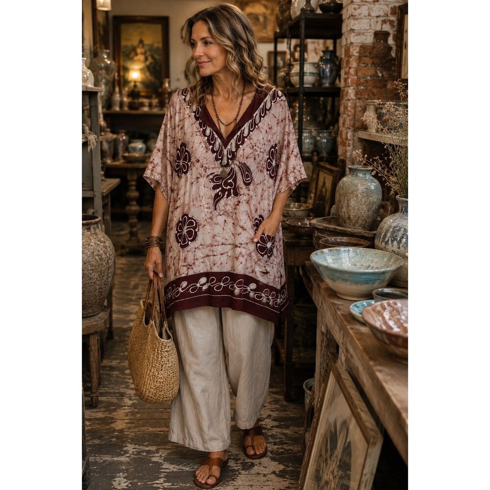 Gypsy Rose Batik Tunic Top Oversized Boho Artisan Festival Dolman Sleeve Pockets